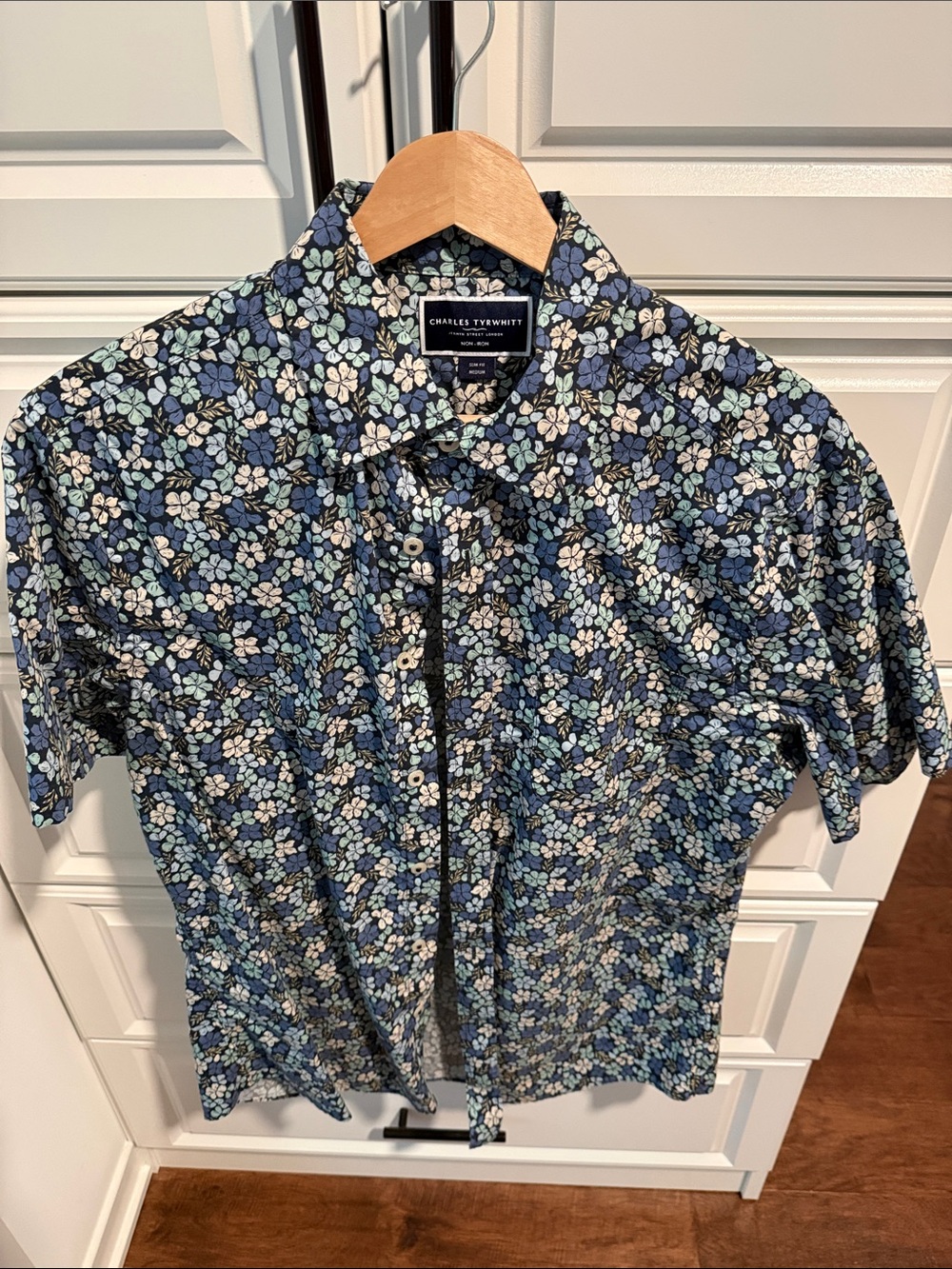 Charles Tyrwhitt Navy Blue Floral Short Sleeve Button-Down Shirt